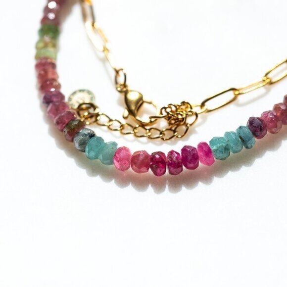 Gemstone Beaded necklace for FALL BEAUTIFUL Watermelon Tourmaline Necklace Gold - Picture 3 of 15